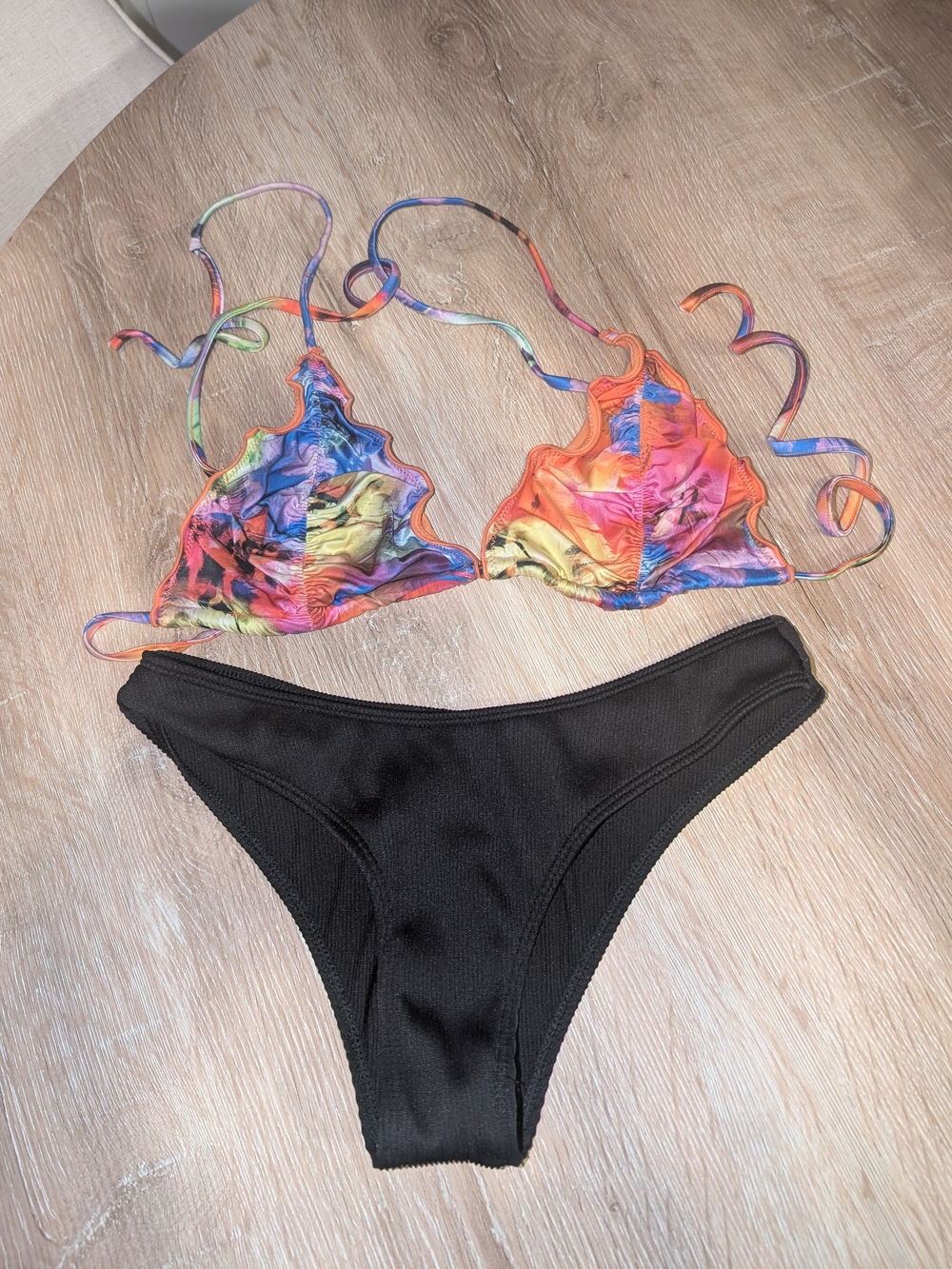 Zaful Multicolor Tie-Dye Triangle Bikini Top with Black Bottom